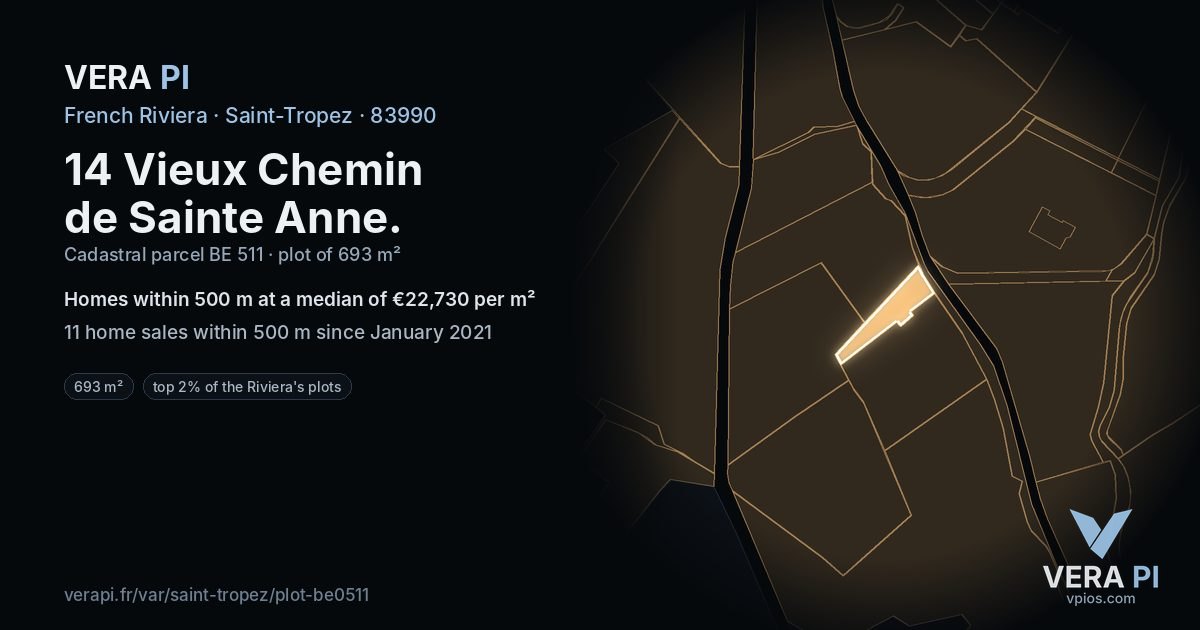 14 Vieux Chemin de Sainte Anne, Saint-Tropez at night – the plot lit, the parcels around coloured by the prices near them