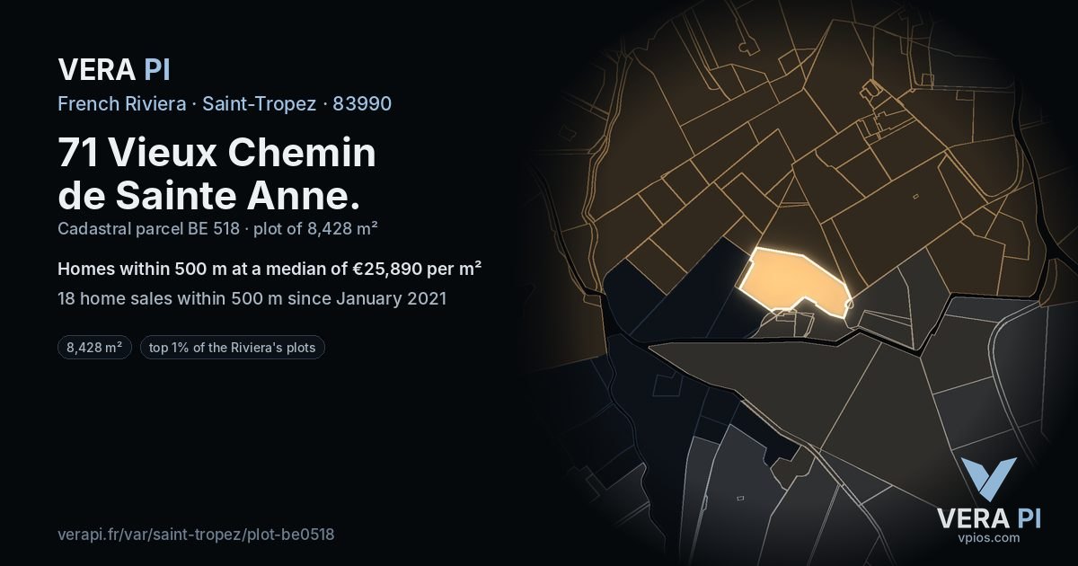 71 Vieux Chemin de Sainte Anne, Saint-Tropez at night – the plot lit, the parcels around coloured by the prices near them