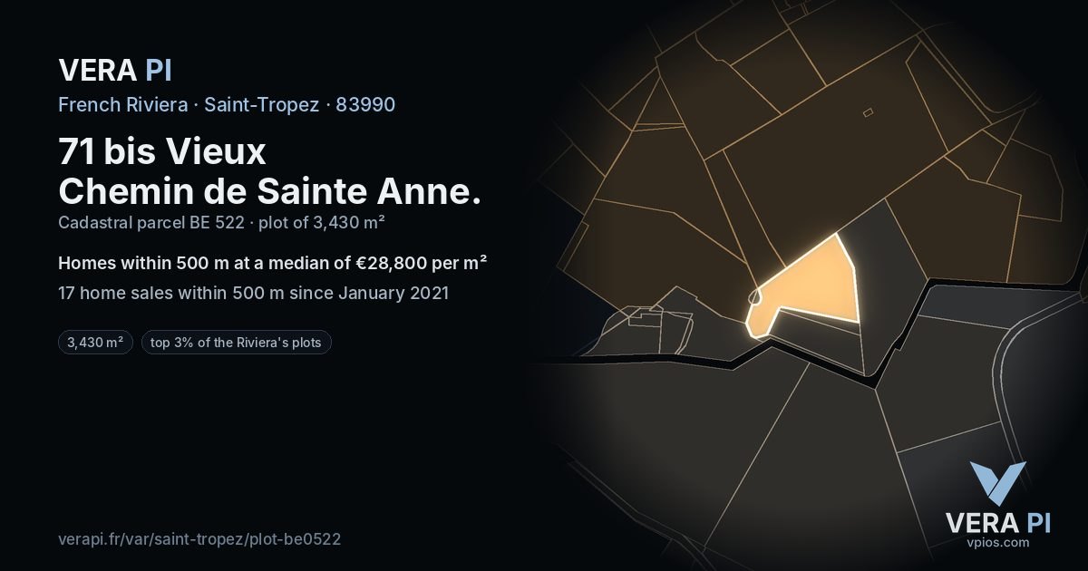 71 bis Vieux Chemin de Sainte Anne, Saint-Tropez at night – the plot lit, the parcels around coloured by the prices near them