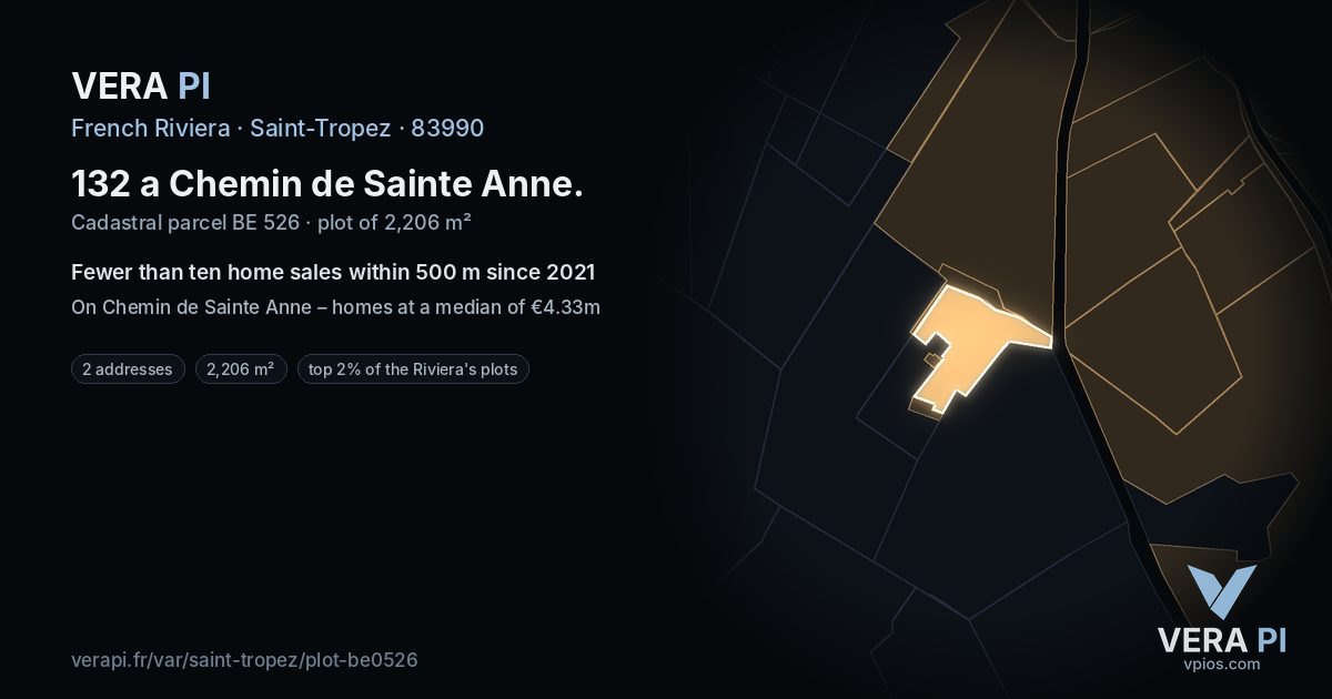 132 a Chemin de Sainte Anne, Saint-Tropez at night – the plot lit, the parcels around coloured by the prices near them