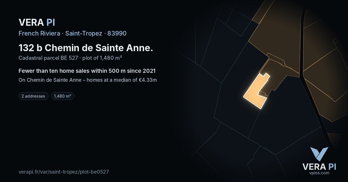 132 b Chemin de Sainte Anne, Saint-Tropez at night – the plot lit, the parcels around coloured by the prices near them