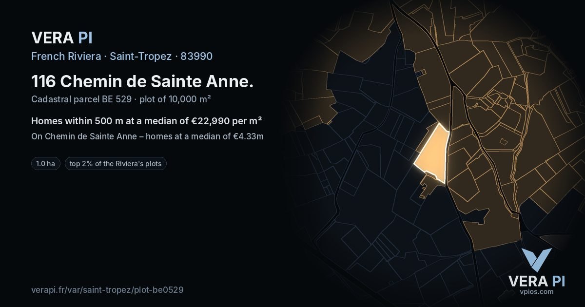 116 Chemin de Sainte Anne, Saint-Tropez at night – the plot lit, the parcels around coloured by the prices near them