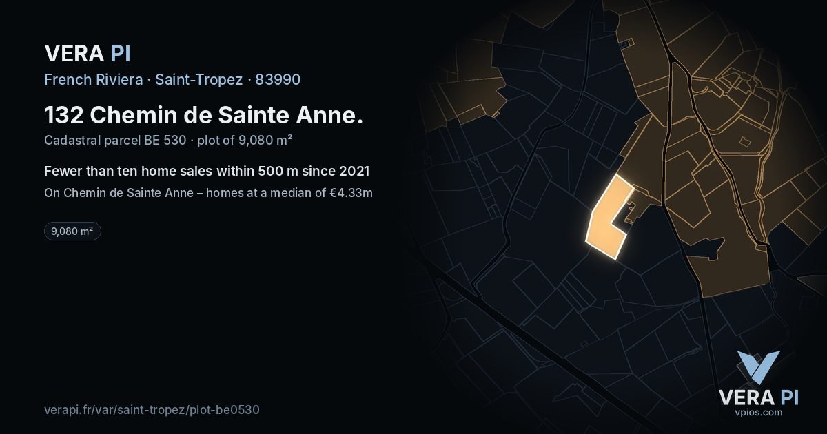 132 Chemin de Sainte Anne, Saint-Tropez at night – the plot lit, the parcels around coloured by the prices near them