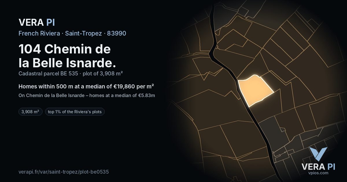 104 Chemin de la Belle Isnarde, Saint-Tropez at night – the plot lit, the parcels around coloured by the prices near them