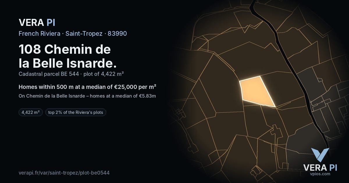 108 Chemin de la Belle Isnarde, Saint-Tropez at night – the plot lit, the parcels around coloured by the prices near them