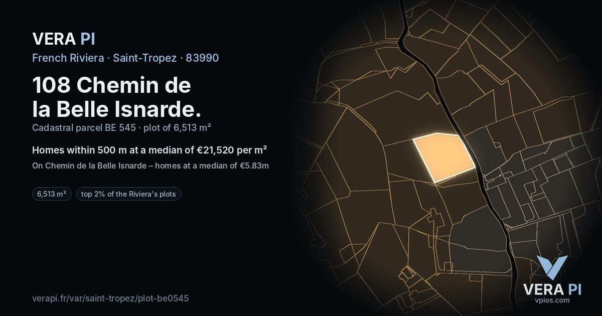 108 Chemin de la Belle Isnarde, Saint-Tropez at night – the plot lit, the parcels around coloured by the prices near them
