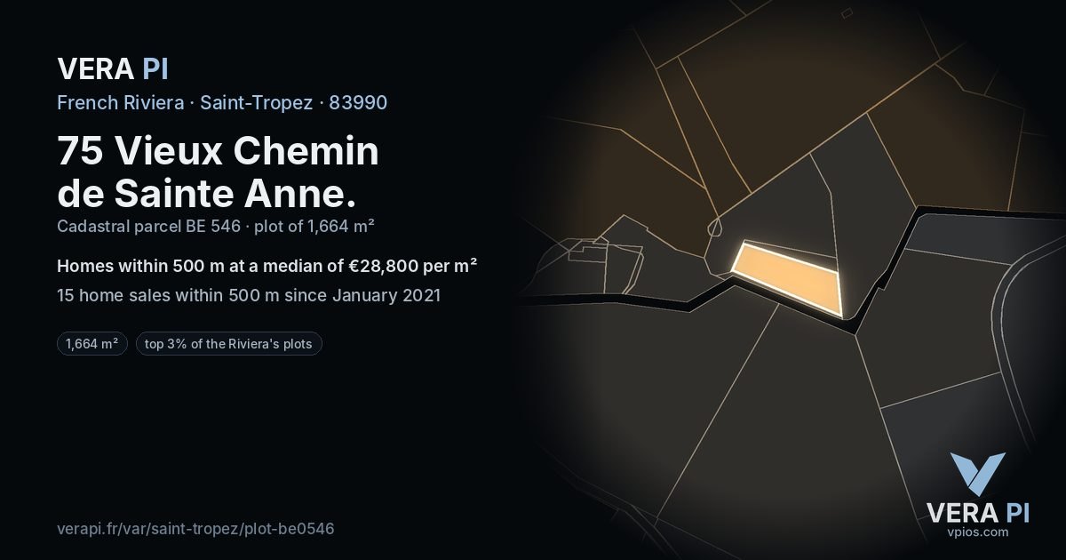 75 Vieux Chemin de Sainte Anne, Saint-Tropez at night – the plot lit, the parcels around coloured by the prices near them