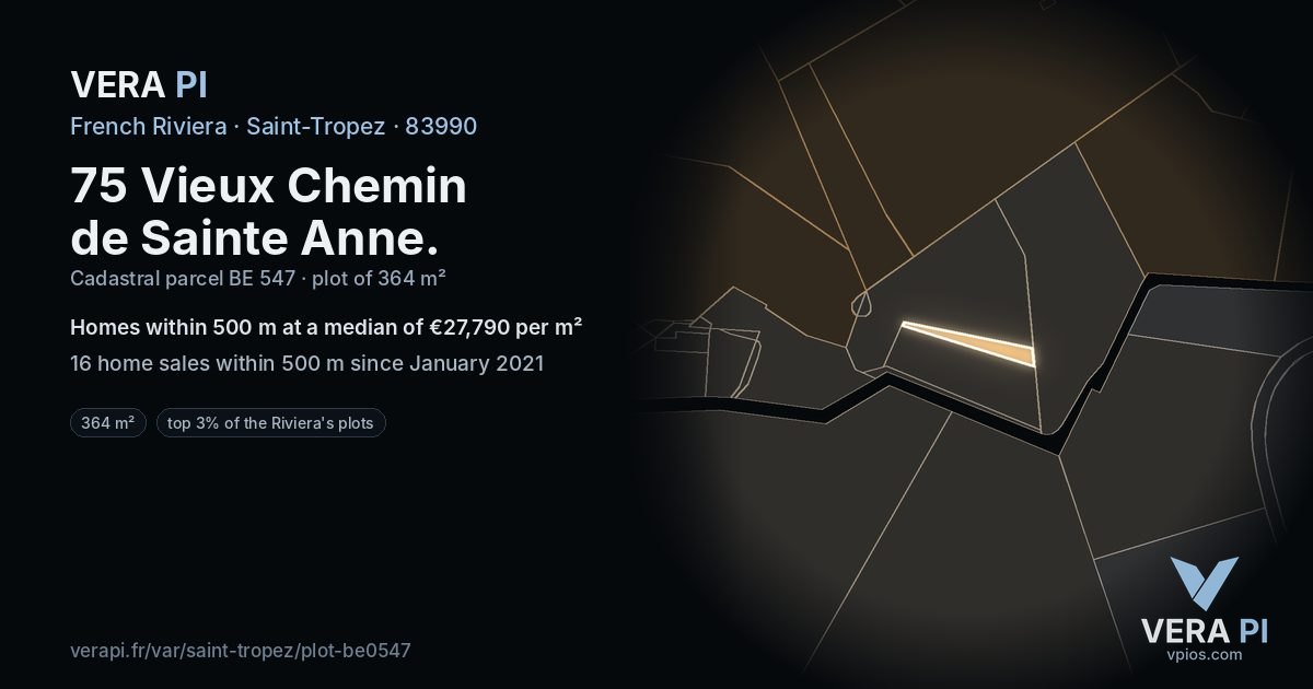 75 Vieux Chemin de Sainte Anne, Saint-Tropez at night – the plot lit, the parcels around coloured by the prices near them