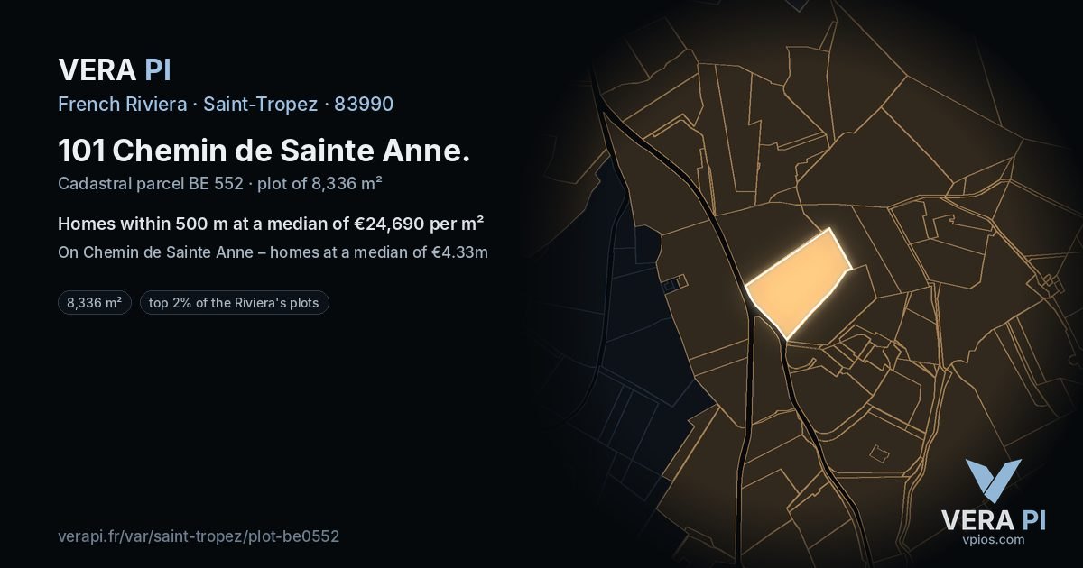 101 Chemin de Sainte Anne, Saint-Tropez at night – the plot lit, the parcels around coloured by the prices near them