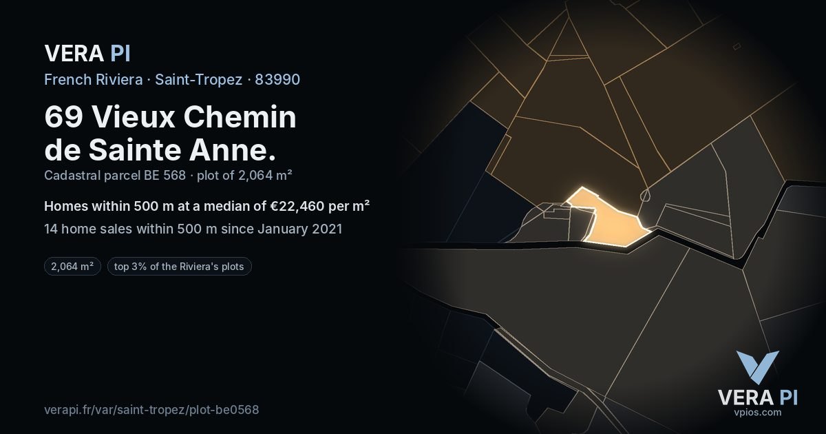 69 Vieux Chemin de Sainte Anne, Saint-Tropez at night – the plot lit, the parcels around coloured by the prices near them