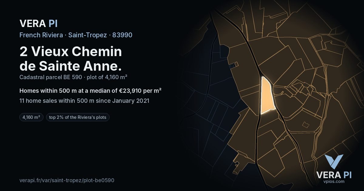 2 Vieux Chemin de Sainte Anne, Saint-Tropez at night – the plot lit, the parcels around coloured by the prices near them