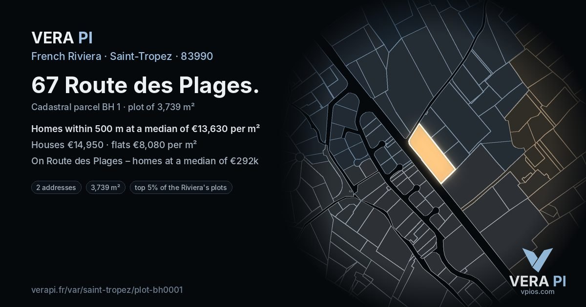 67 Route des Plages, Saint-Tropez at night – the plot lit, the parcels around coloured by the prices near them