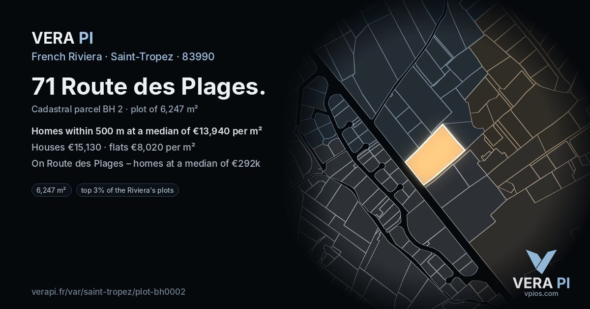 71 Route des Plages, Saint-Tropez at night – the plot lit, the parcels around coloured by the prices near them