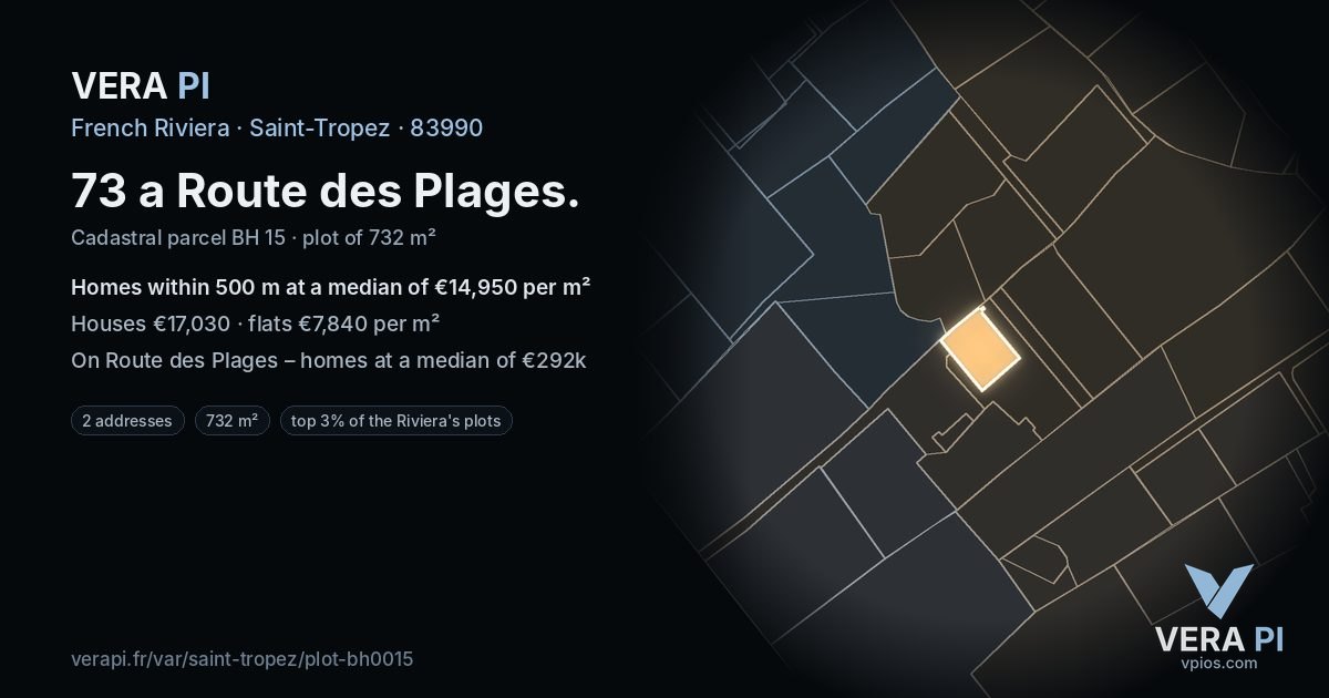 73 a Route des Plages, Saint-Tropez at night – the plot lit, the parcels around coloured by the prices near them