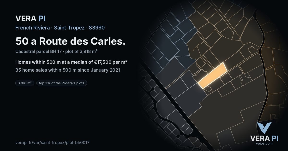 50 a Route des Carles, Saint-Tropez at night – the plot lit, the parcels around coloured by the prices near them