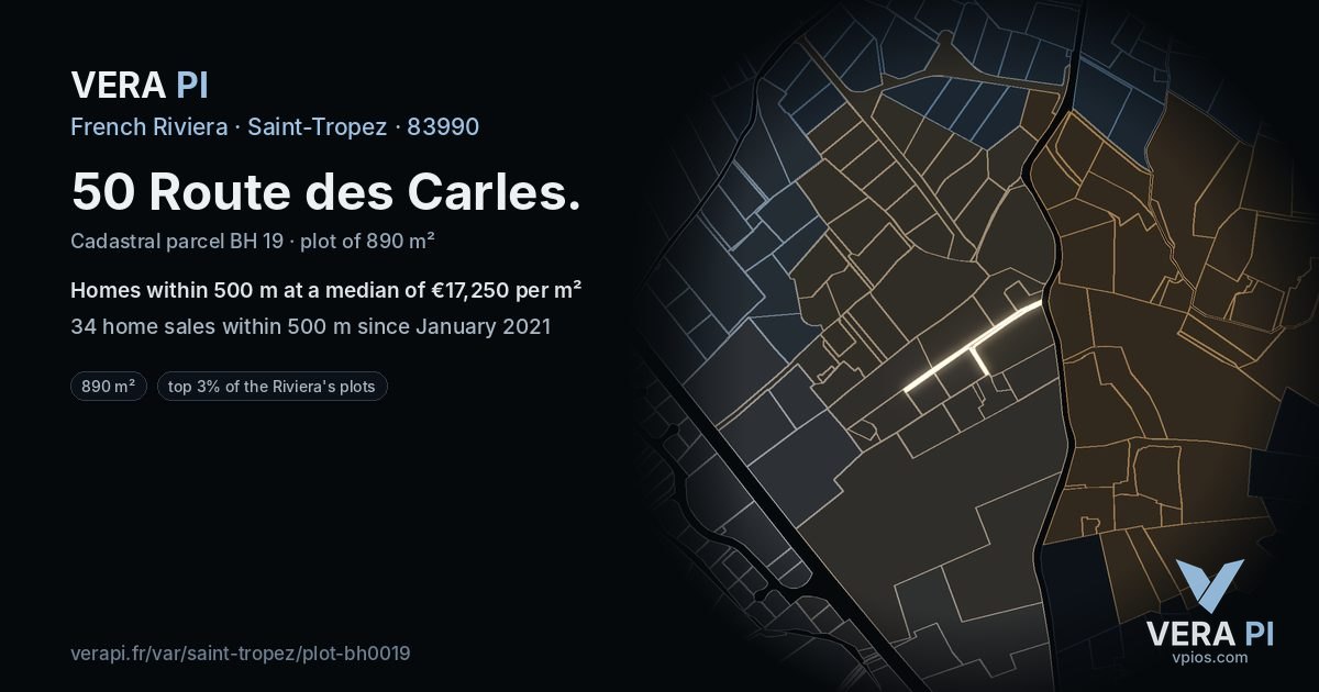 50 Route des Carles, Saint-Tropez at night – the plot lit, the parcels around coloured by the prices near them