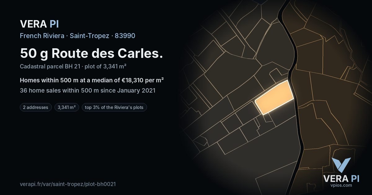 50 g Route des Carles, Saint-Tropez at night – the plot lit, the parcels around coloured by the prices near them