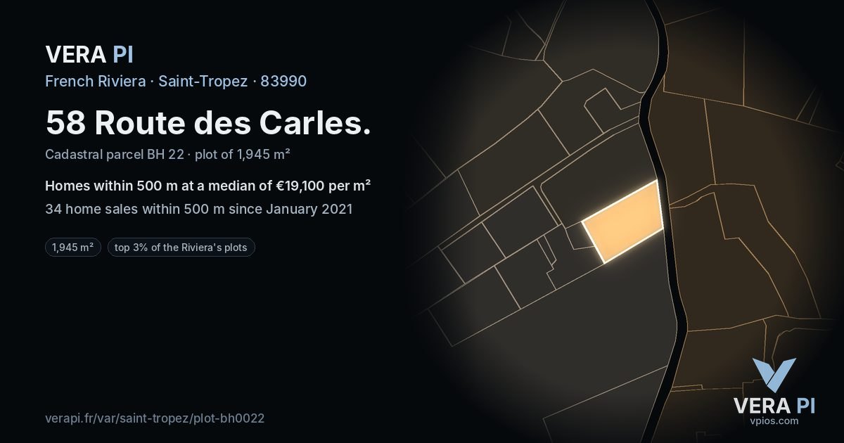 58 Route des Carles, Saint-Tropez at night – the plot lit, the parcels around coloured by the prices near them