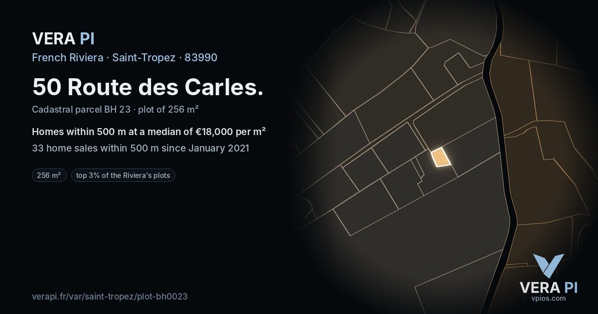 50 Route des Carles, Saint-Tropez at night – the plot lit, the parcels around coloured by the prices near them