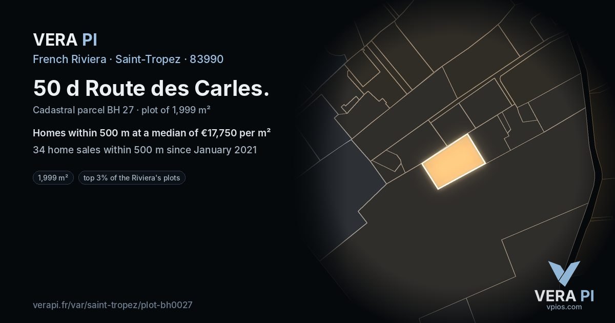 50 d Route des Carles, Saint-Tropez at night – the plot lit, the parcels around coloured by the prices near them