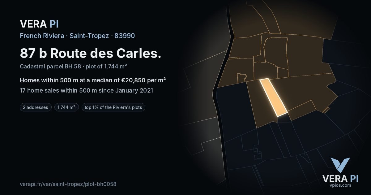 87 b Route des Carles, Saint-Tropez at night – the plot lit, the parcels around coloured by the prices near them