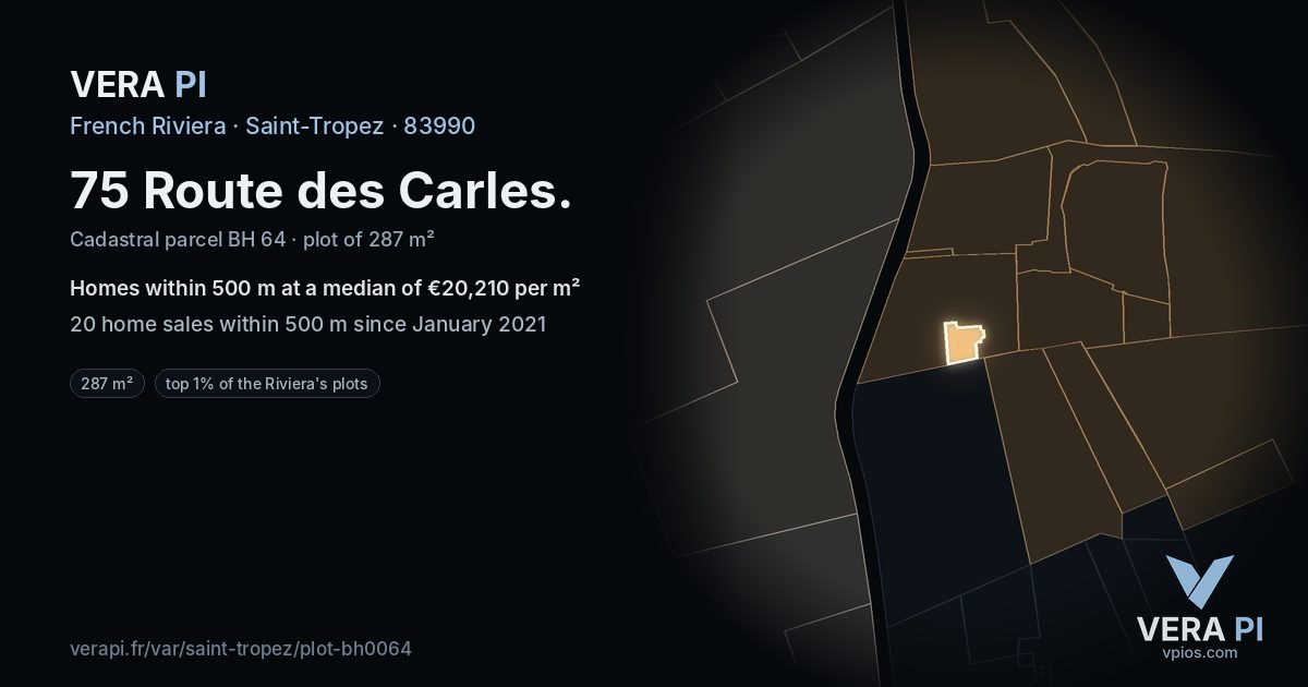 75 Route des Carles, Saint-Tropez at night – the plot lit, the parcels around coloured by the prices near them