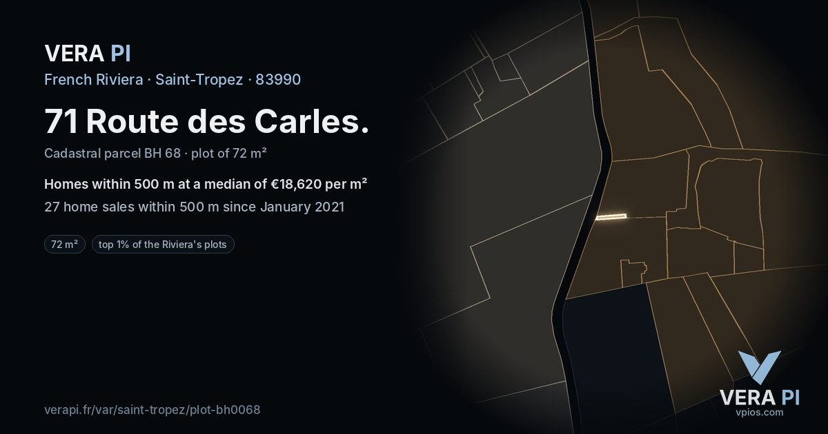71 Route des Carles, Saint-Tropez at night – the plot lit, the parcels around coloured by the prices near them