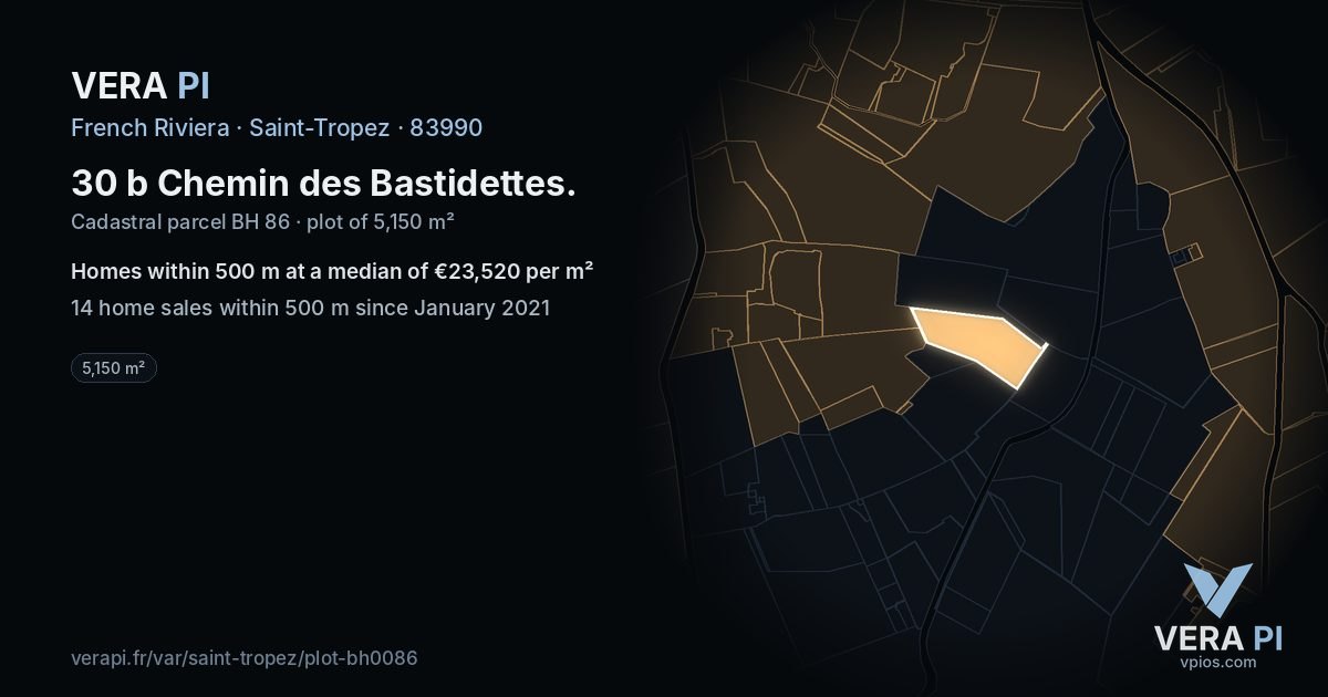 30 b Chemin des Bastidettes, Saint-Tropez at night – the plot lit, the parcels around coloured by the prices near them