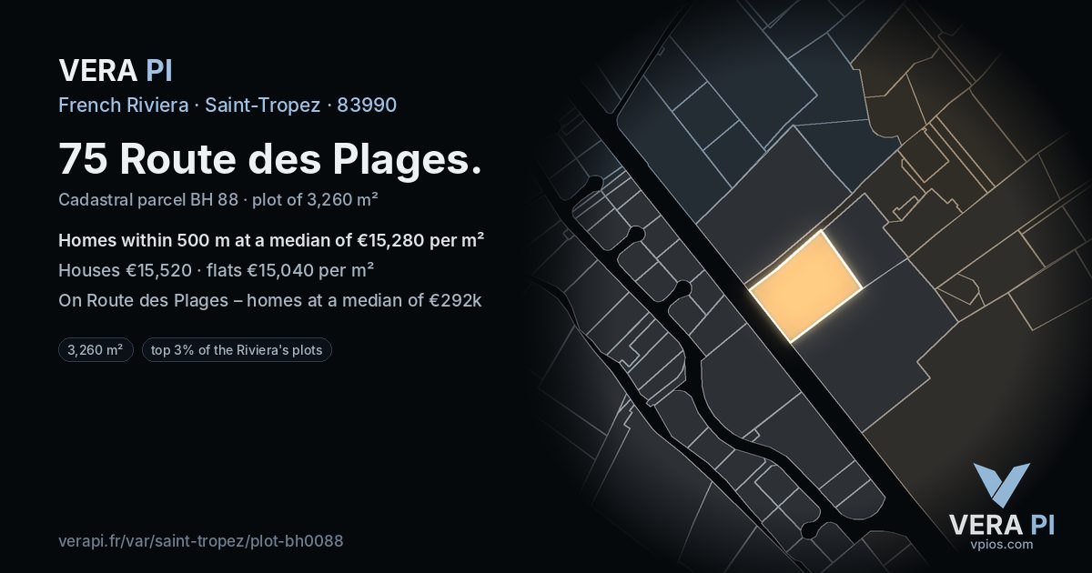 75 Route des Plages, Saint-Tropez at night – the plot lit, the parcels around coloured by the prices near them