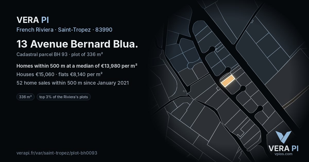 13 Avenue Bernard Blua, Saint-Tropez at night – the plot lit, the parcels around coloured by the prices near them