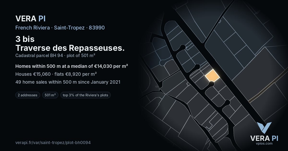 3 bis Traverse des Repasseuses, Saint-Tropez at night – the plot lit, the parcels around coloured by the prices near them