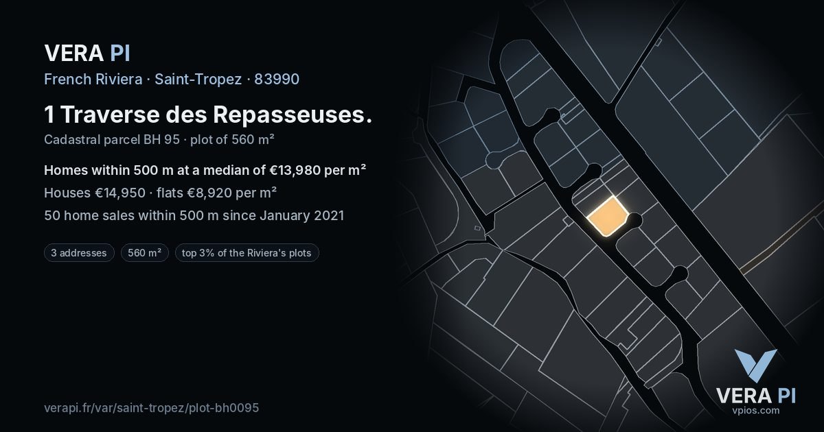 1 Traverse des Repasseuses, Saint-Tropez at night – the plot lit, the parcels around coloured by the prices near them