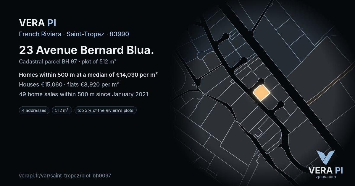 23 Avenue Bernard Blua, Saint-Tropez at night – the plot lit, the parcels around coloured by the prices near them
