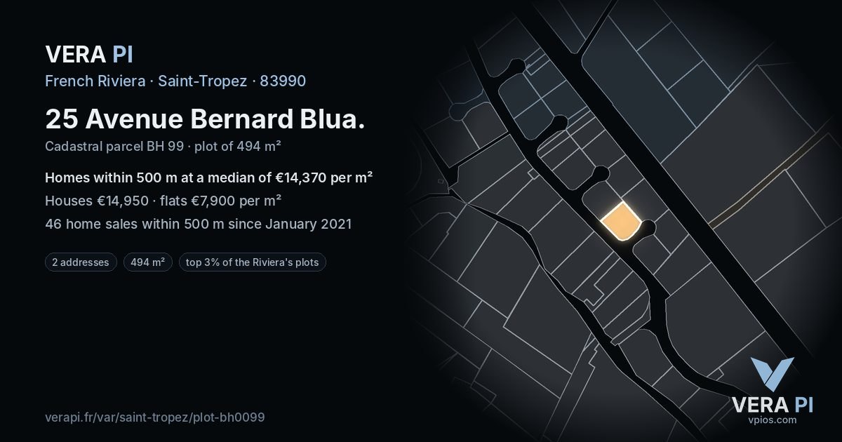 25 Avenue Bernard Blua, Saint-Tropez at night – the plot lit, the parcels around coloured by the prices near them
