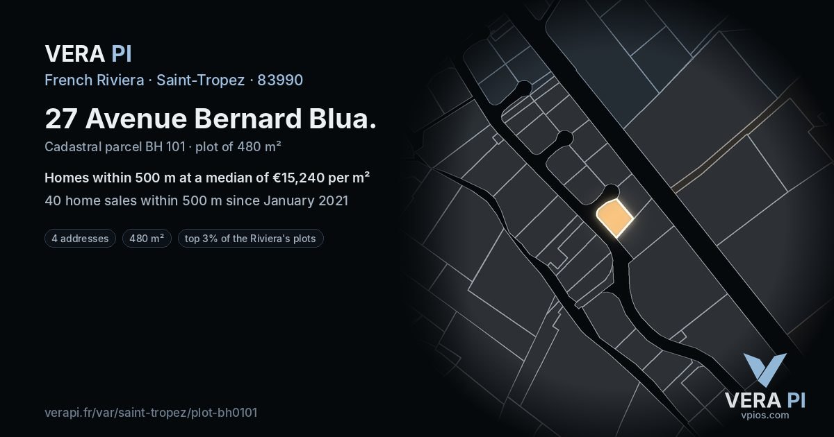 27 Avenue Bernard Blua, Saint-Tropez at night – the plot lit, the parcels around coloured by the prices near them