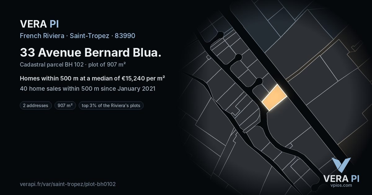 33 Avenue Bernard Blua, Saint-Tropez at night – the plot lit, the parcels around coloured by the prices near them