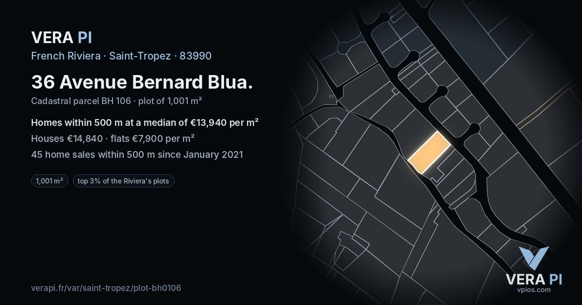 36 Avenue Bernard Blua, Saint-Tropez at night – the plot lit, the parcels around coloured by the prices near them