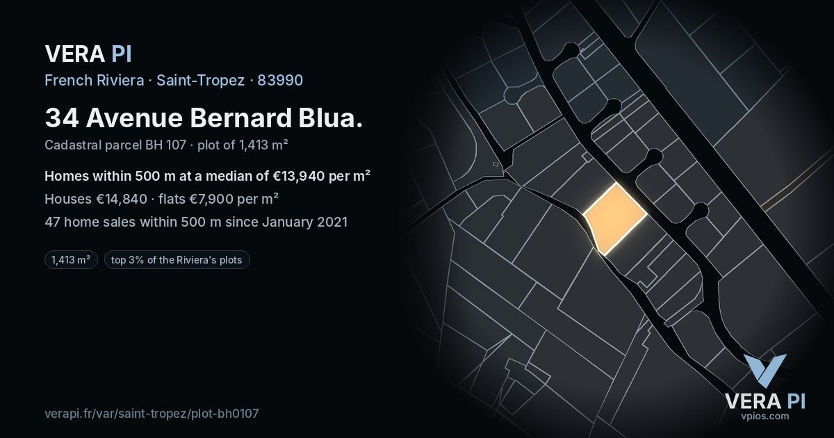 34 Avenue Bernard Blua, Saint-Tropez at night – the plot lit, the parcels around coloured by the prices near them