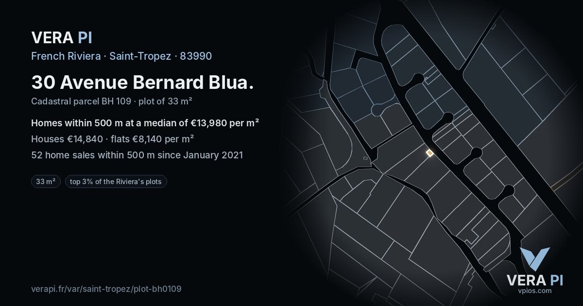 30 Avenue Bernard Blua, Saint-Tropez at night – the plot lit, the parcels around coloured by the prices near them