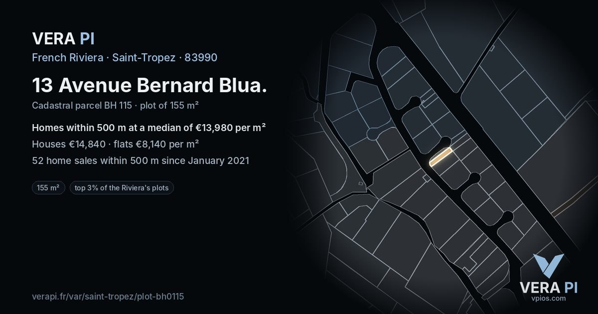 13 Avenue Bernard Blua, Saint-Tropez at night – the plot lit, the parcels around coloured by the prices near them