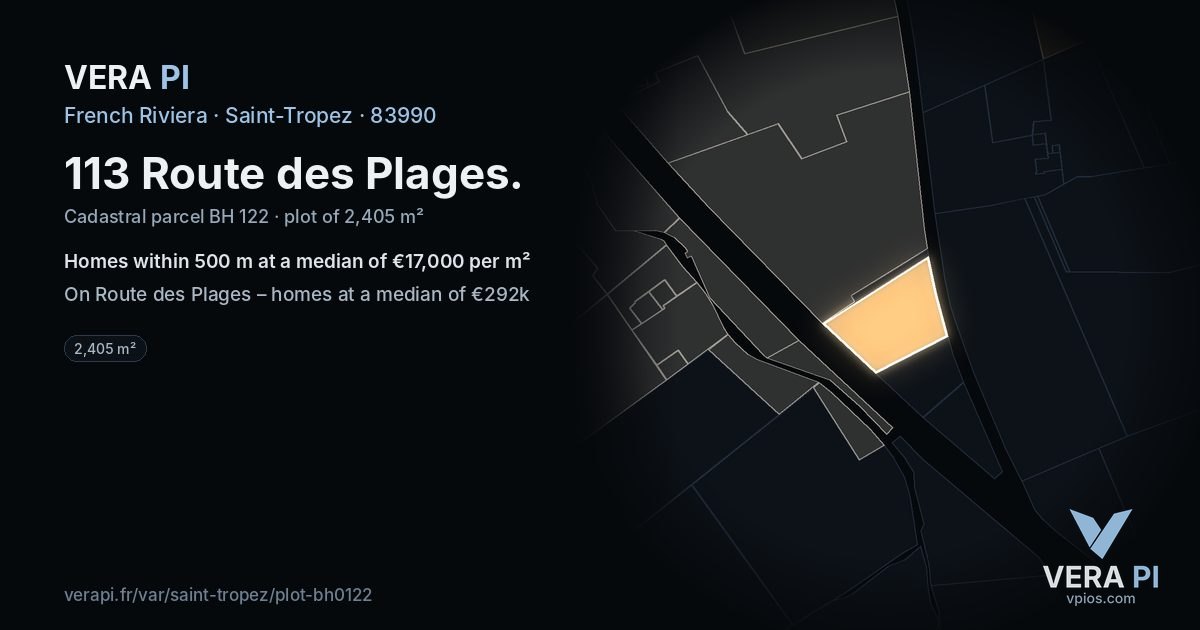 113 Route des Plages, Saint-Tropez at night – the plot lit, the parcels around coloured by the prices near them