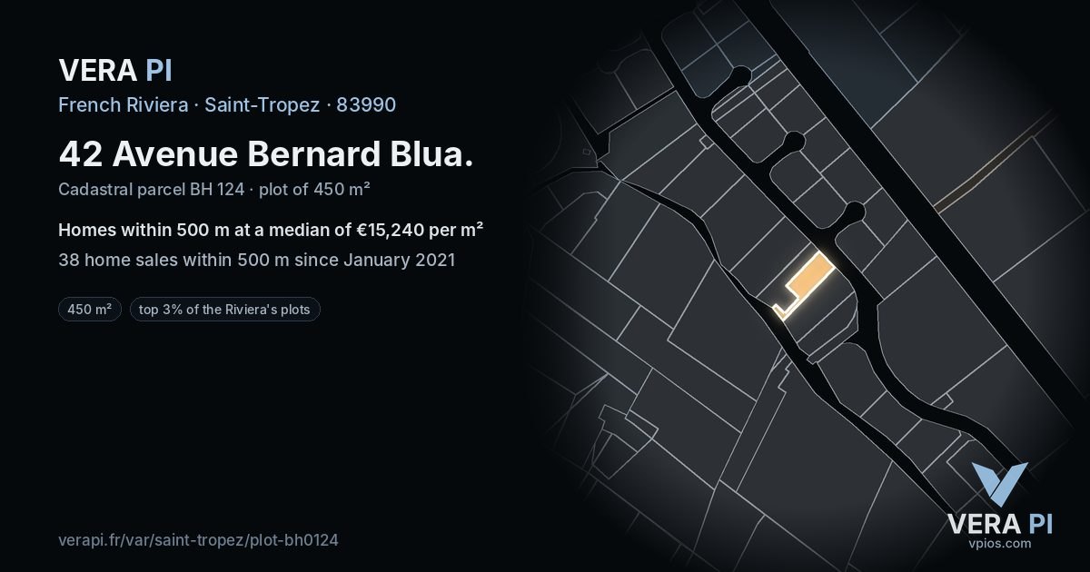 42 Avenue Bernard Blua, Saint-Tropez at night – the plot lit, the parcels around coloured by the prices near them