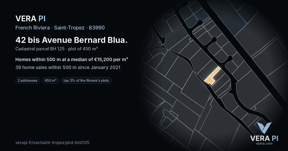 42 bis Avenue Bernard Blua, Saint-Tropez at night – the plot lit, the parcels around coloured by the prices near them