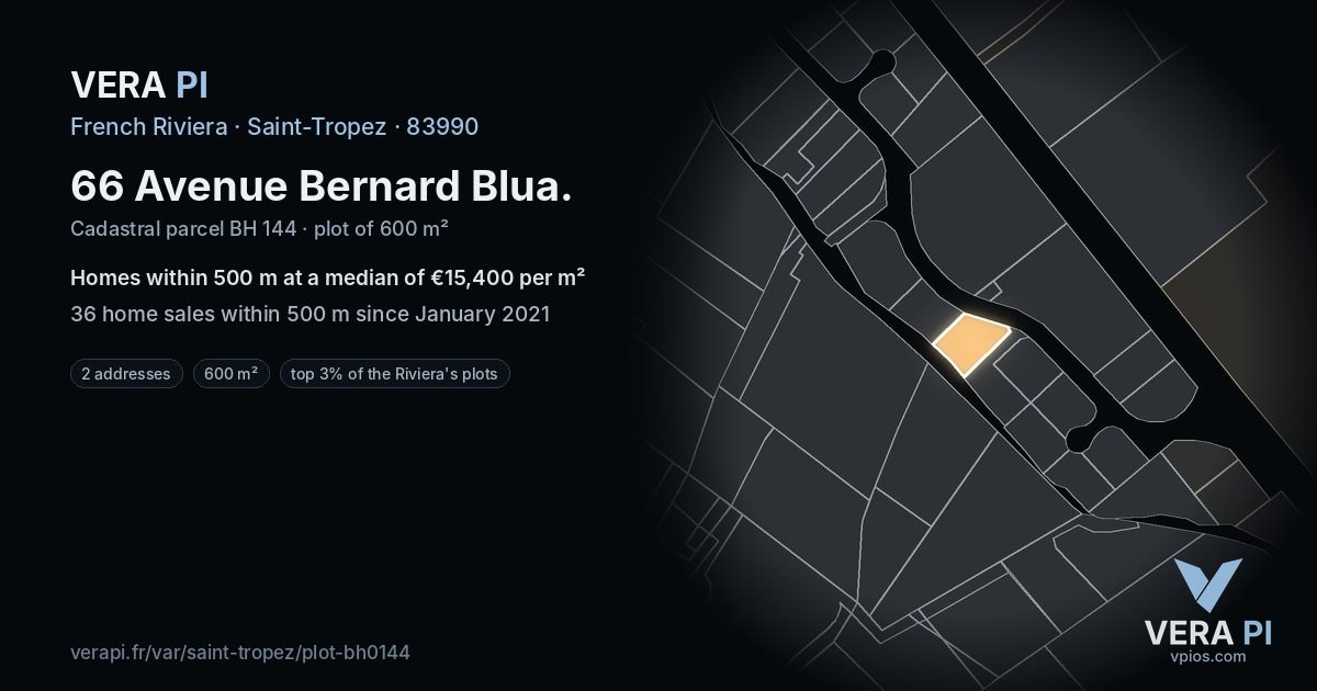 66 Avenue Bernard Blua, Saint-Tropez at night – the plot lit, the parcels around coloured by the prices near them