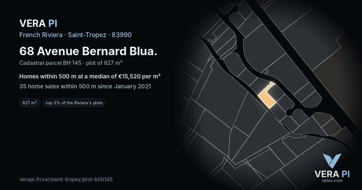 68 Avenue Bernard Blua, Saint-Tropez at night – the plot lit, the parcels around coloured by the prices near them