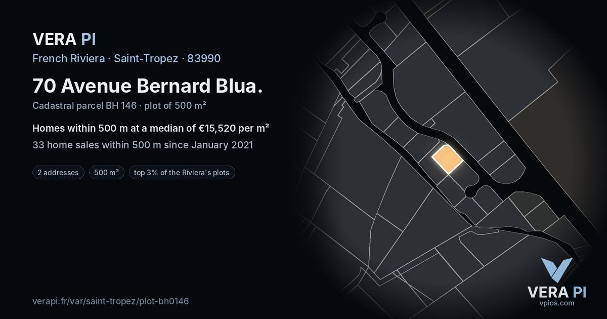 70 Avenue Bernard Blua, Saint-Tropez at night – the plot lit, the parcels around coloured by the prices near them