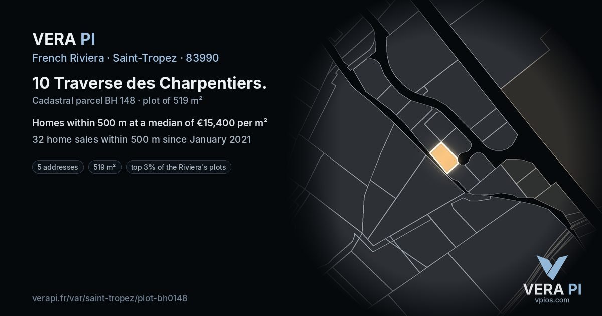 10 Traverse des Charpentiers, Saint-Tropez at night – the plot lit, the parcels around coloured by the prices near them