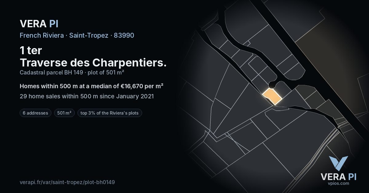 1 ter Traverse des Charpentiers, Saint-Tropez at night – the plot lit, the parcels around coloured by the prices near them