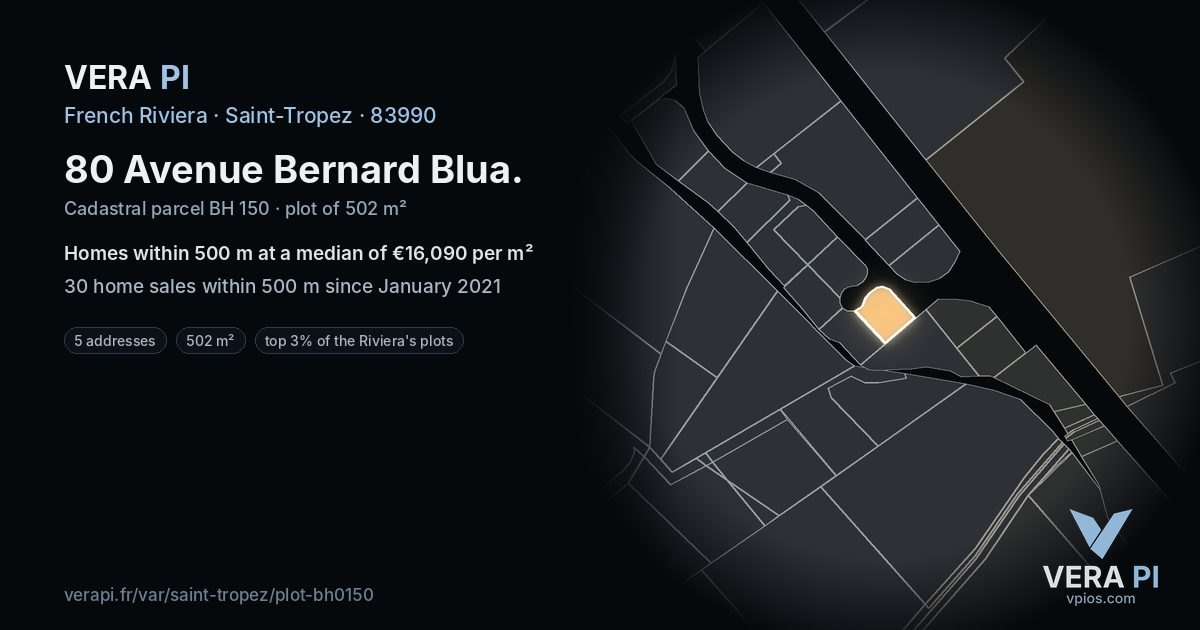 80 Avenue Bernard Blua, Saint-Tropez at night – the plot lit, the parcels around coloured by the prices near them
