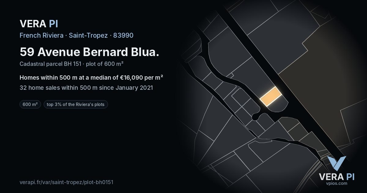 59 Avenue Bernard Blua, Saint-Tropez at night – the plot lit, the parcels around coloured by the prices near them